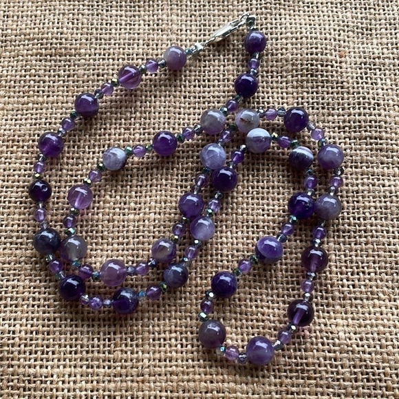 Purple Natural Striped Agate Necklace & Crystal spacers 8mm New Handmade - Picture 1 of 6